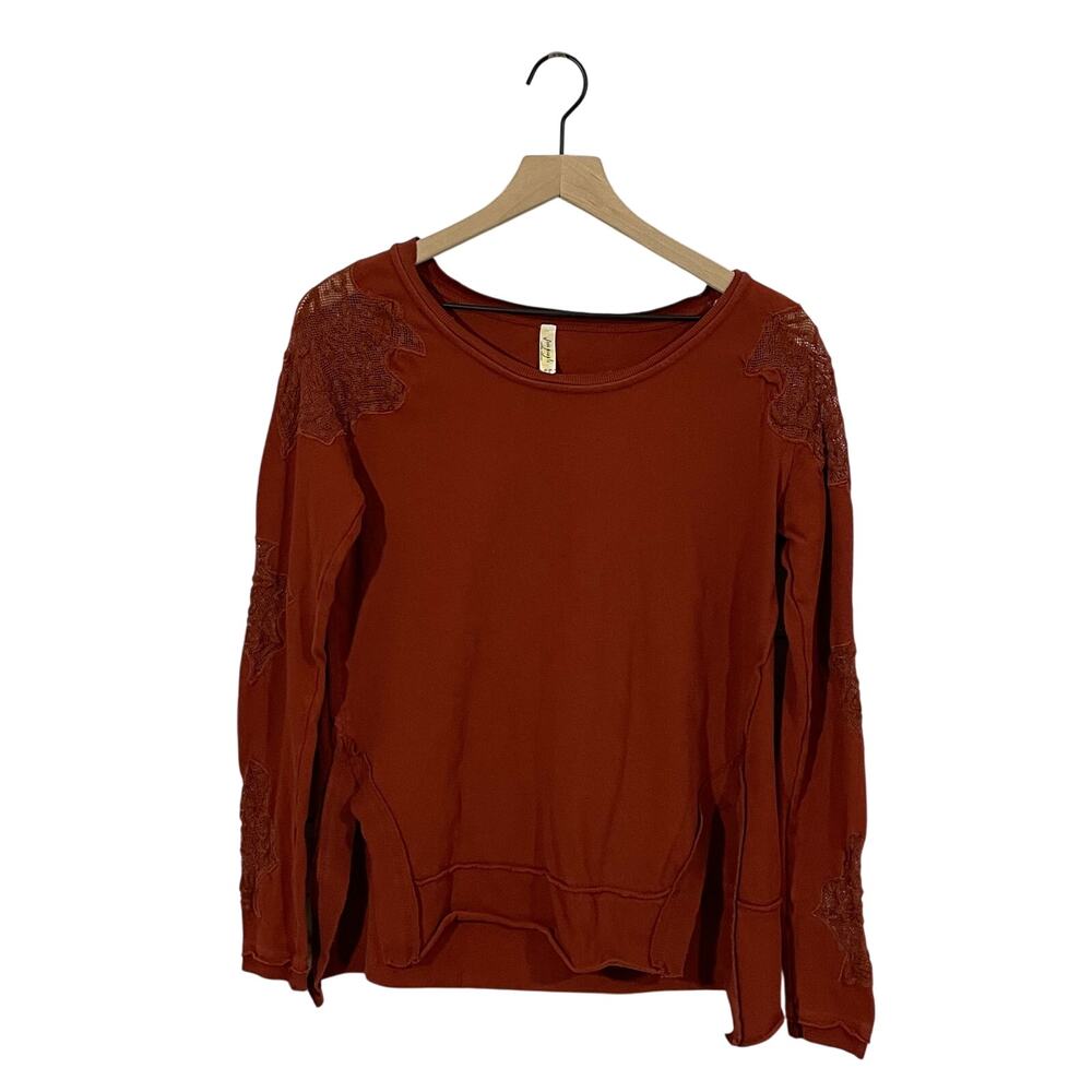 Free People Grandpa Jersey Outer Sunset Embroidered Blouse Top - Rust - Small